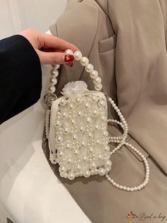 BirdinBag - Stylish Faux Pearl Mini Satchel Bag White Rectangular Phone Bag For Party, Mini Satchel Bag, Hand Beaded Bag, Crystal Bags, Pearl Bag, Details Pictures, Bubble Bag, Pearl Design, Handmade Wire Jewelry