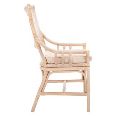 a chair made out of wood and wicker with a cushion on the armrests