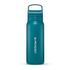 thermos water bottle in teal blue is shown on a white background with an inscription