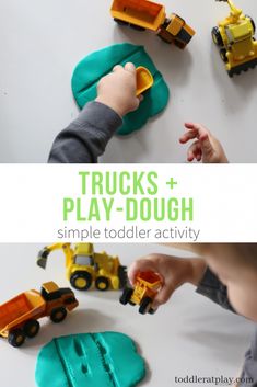 a toddler playing with construction vehicles and play dough on a white table, while another child plays with trucks