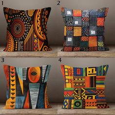 four pillows with different designs on them