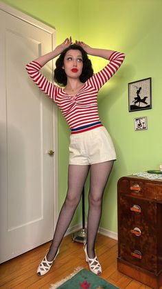 "For your consideration is this ultra cute pair of 1950s short shorts! Perfect staple for a 1940s or 1950s wardrobe. Red, white, and blue is such a classic combination. I bought these to wear roller skating but they're slightly too big for me and I haven't the heart to alter them :') These little cuties deserve to be *seen*! These white cotton shorts feature a red, white, and blue striped nylon band along the waist, and a metal zip up the back. The label is \"Lord and Taylor fifth avenue -- sports and country clothing\" as well another label that says a size \"14/36\" but do follow the measurements listed to find the best fit for you! The garment is in good used vintage condition with a few faint spots and marks throughout on the shorts and the band but mainly on the front right side. Ther Retro White Short Bottoms, Vintage High Waist White Shorts, Retro White Shorts For Spring, White Retro Shorts For Spring, Vintage White Jean Shorts, Retro Fitted Shorts, Retro Shorts For Spring, Retro Fitted Shorts With Short Leg, Retro Fitted High-waisted Jean Shorts