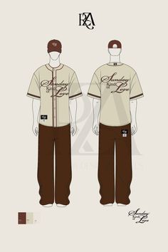 the front and back view of a baseball uniform with an image of a man in brown pants