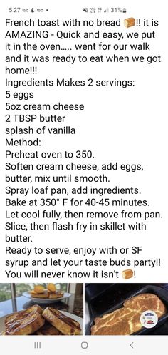 the recipe for french toast is displayed on an iphone screen, and it appears to be in english