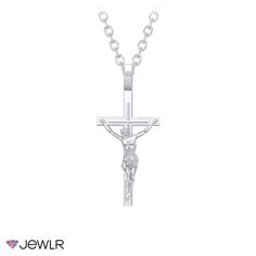 Made in sterling silver, this meaningful crucifix necklace is a beautiful symbol of faith. This pendant sits on a 22” sterling silver chain in your choice of rolo or ball chain. White Gold Crucifix Necklace Spiritual Style, Sterling Silver Crucifix Necklace In Spiritual Style, Sterling Silver Spiritual Crucifix Necklace, Spiritual White Gold Crucifix Cross Necklace, Spiritual Sterling Silver Crucifix Necklace, Minimalist White Crucifix Jewelry, Symbolic White Gold Cross Necklace, Spiritual White Gold Crucifix Necklace, Sterling Silver Crucifix Necklace