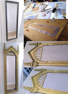 there are pictures of different frames and mirrors on the wall, including one that has been cut out