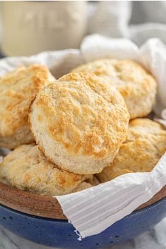 biscuits in a blue bowl on a table