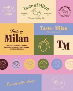 the logo design for taste of milan is shown in different colors and sizes, including blue