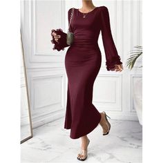 Embrace Sophistication With This Burgundy Bodycon Dress, Crafted To Make An Elegant Statement. Featuring A Round Neckline And Long Flare Sleeves, It Combines Refined Details With Modern Flair. The Contrast Mesh Accents, Ruched Bodice, And Ruffle Hem Add A Touch Of Dramatic Charm, While The Natural Waistline And Mermaid-Shaped Hem Create A Flattering Silhouette. Made From Medium-Stretch Knitted Fabric, This Long Dress Offers A Regular Fit That Moves Comfortably With You. The Non-Sheer Design Ensu Elegant Dresses With Mermaid Hem For Fall, Elegant Mermaid Hem Dress For Fall, Fitted Mermaid Hem Dresses For Fall, Elegant Ruched Maxi Dress With Mermaid Hem, Elegant Ruched Bodycon Wedding Dress, Elegant Formal Bodycon Dress With Mermaid Hem, Elegant Ruched Bodycon Dress For Fall, Elegant Stretch Maxi Dress With Ruffles, Elegant Sheath Maxi Dress For Fall