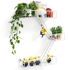 two shelves with plants and minion figurines on them