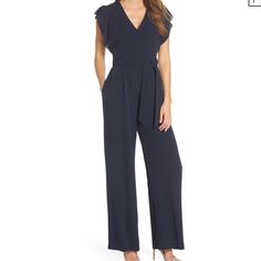 Nwt Size 12 100% Polyester Dry Clean Elegant Flutter Sleeve Jumpsuits And Rompers For Spring, Navy Jumpsuits And Rompers For Work In Summer, Formal Wide-leg Pantsuit With Pressed Crease, Chic Navy Jumpsuit For Work, Chic Navy Jumpsuits And Rompers For Summer, Navy Fitted Elegant Jumpsuits And Rompers, Chic Navy Sleeveless Jumpsuits And Rompers, Elegant Fitted Navy Jumpsuits And Rompers, Navy Fitted Elegant Jumpsuit