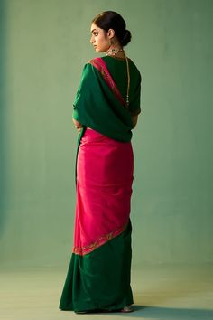 Green and pink habutai silk saree with dori, marori and zardosi hand embroidery. - Aza Fashions Pink Raw Silk Pre-draped Saree With Dupatta, Festive Pink Raw Silk Pre-draped Saree, Pink Raw Silk Saree With Dori Work, Pink Raw Silk Pre-draped Saree With Resham Embroidery, Pink Silk Pre-draped Saree With Cutdana, Pink Silk Pre-draped Saree With Dori Work, Silk Traditional Wear With Dori Work In Pink, Traditional Pink Katan Silk Pre-draped Saree, Pink Raw Silk Pre-draped Saree For Puja