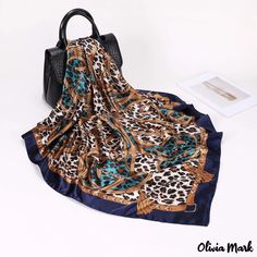 Olivia Mark - Spring and summer new 90CM simulation silk large square scarf leopard print women's silk scarf wrapped head scarf beach scarf scarf Large Square Scarf, Beach Scarf, Silk Scarf Wrap, Scarf Women Fashion, Printed Silk Scarf, Scarf Women, Coffee Colour, Bird In Bag, Square Scarf