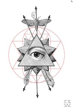 an all seeing eye with arrows in the middle and two birds on top of it