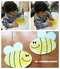 a collage of photos showing how to make a paper cut out of a bee