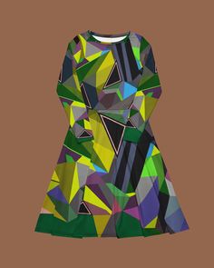 The original abstract print design on the dress is created by my husband-a professional artist. Colourful abstract print dress with geometrical elements, with long sleeves. Be unique. Be outstanding. Be authentic. Bright and lively colors have the power to uplift mood and instill a sense of joy. Wearing a vibrant color dress can evoke feelings of happiness and positivity, brightening not only the wearer's day but also those around her. The dress showcases an original abstract print design, where Abstract Print Dress, Neon Dresses, Geometric Dress, Glamorous Party, Outwear Women, Long Sleeve Midi Dress, Unique Dresses, Womens Midi Dresses, Elegant Outfit