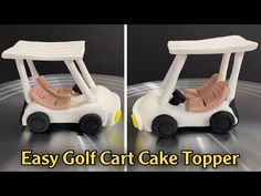 two pictures of the same toy golf cart cake topper, one is white and the other is pink