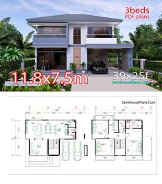 two story house plan with 3 beds and 2 bathrooms in the front, an open floor plan