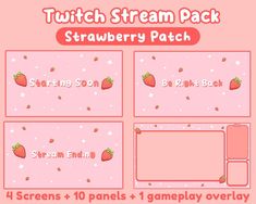 the strawberry patch game screen is shown with four different screens and text, which are in pink