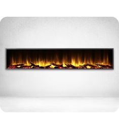 an electric fireplace with bright flames in the center and white walls behind it, on a wall