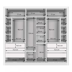 an image of a closet with measurements for the doors and drawers on it's sides