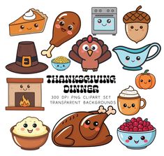 the thanksgiving dinner clipart set includes turkey, pies and other foods