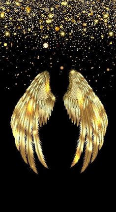 two golden angel wings against a black background with gold glitters and sparkles in the air