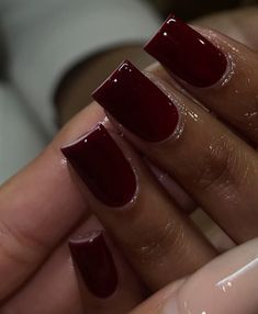 Soft Red Nails Acrylic, Short Nails Cherry Red, Short Red Wine Nails, Deep Red Square Nails, Dark Red Natural Nails, Red Powder Nails, Wine Red Nails Short, Winter Color Nails Gel, Red Square Nails Short