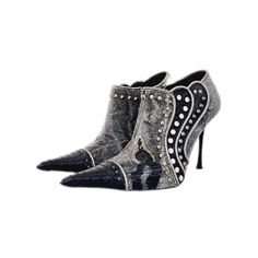 Rare vintage El Dantes heels with studded details and pointed toes. Made with metallic leather, distressed grey denim, black snakeskin print leather, and silver metal studs, these vintage stilettos sit at ankle height They originated in the 90s / y2k era and are very rare to find. These are excellent quality, restored vintage booties. Part of BBB's commitment to sustainability and fighting fast fashion means that all footwear sold are restored second hand shoes, or rare and unused deadstock pieces / no longer in production. Style: vintage edgy harajuku alt alternative 90s y2k style retro punk goth scene scenecore goblincore goblin core boho bohemian soft grunge gwen stefani steampunk avant garde bratz whimsygoth whimsigoth For international shipments, please provide a phone number and emai Punk Style Heeled Boots With Pointed Toe, Punk Heeled Boots With Reinforced Heel And Pointed Toe, Edgy High Heeled Boots With Studs, Punk Style Pointed Toe Heels For Fall, Punk Pointed Toe Heels For Fall, Gothic Heeled Boots With Pointed Toe For Fall, Studded Pointed Toe Heels For Fall, Spiked Pointed Toe Heels For Fall, Punk Heeled Boots With Pointed Toe And Reinforced Heel