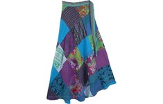 "Magical, groovy, and all-around fabulous, this is a beautiful wrap-around skirt is perfect for those looking for a festive wrap in cool tones. With its array of cool colors, unique patches with groovy abstract and geometric prints, and stonewashed fabric, it's a great choice for those in need of a new blue patchwork skirt to add to their collection. Due to its medium weight cotton fabric, comfortable wrap-around style, and long length, it is a great skirt for fall and winter months too. You can Skirt For Fall, Hippie Cowgirl, Indian Skirt, Cowgirl Look, Wrap Clothing, Geometric Prints, Cool Colors, Floral Patchwork, Patchwork Skirt