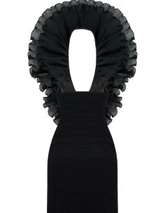 a black dress with ruffles on the shoulders and back, in front of a white background