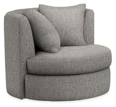 a grey chair with two pillows on the armrests and one seat upholstered