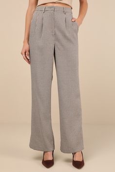 Let the Lulus Pivotal Poise Beige Houndstooth High-Rise Straight Trousers become the focal point of your most sophisticated looks this season! Lightweight woven fabric boasts a timeless houndstooth plaid pattern throughout as it shapes a high, banded waist with belt loops and a hidden clasp closure above a hidden zip fly. Tailored pleated details, front diagonal pockets, and decorative welt pockets at the back accent the straight pant legs that fall to full-length, split hems. Fit: This garment Elegant Houndstooth Pattern Bottoms For Workwear, Elegant Houndstooth Bottoms For Workwear, Elegant Houndstooth Bottoms For Work, Elegant Houndstooth Workwear Bottoms, Casual Formal Dresses, Chic Winter Outfits, Plaid Trousers, Lulu Fashion, Houndstooth Dress