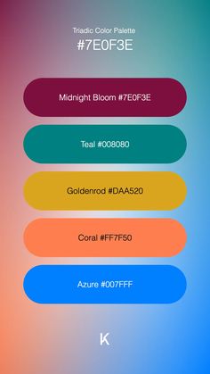 Triadic Color Palette Midnight Bloom #7E0F3E · Teal #008080 · Goldenrod #DAA520 · Coral #FF7F50 · Azure #007FFF