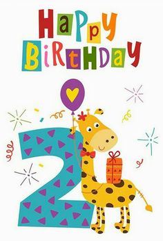 a happy birthday card with a giraffe holding a balloon and the number two