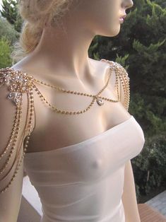 Wedding Gold Lace and Rhinestones Shoulder Necklace Wedding | Etsy Glamorous Crystal Body Chain For Wedding, Elegant Wedding Body Chain With Rhinestones, Elegant Rhinestone Body Chain For Wedding, Gold Rhinestone Body Jewelry For Wedding, Glamorous Gold Backdrop Necklace For Wedding, Glamorous Beaded Backdrop Necklace For Weddings, Elegant White Body Chain For Wedding, Necklace Wedding Dress, Dr Accessories