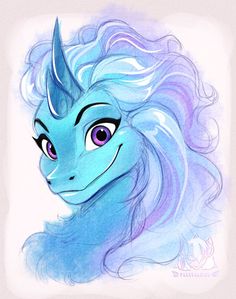 a drawing of a blue dragon with long hair and big eyes, looking to the side