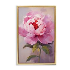 a painting of a pink peony on a white background in a gold framed frame