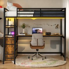 a loft bed with a desk underneath it and a chair in front of the bed