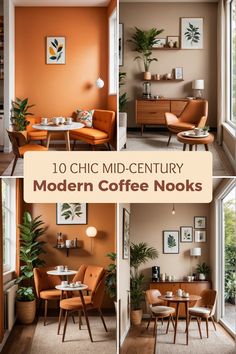 This pin showcases 10 chic mid-century modern coffee nook ideas through 4 stunning images. Each nook highlights trendy style elements like vibrant colors, greenery, and modern furniture, perfect for refreshing your coffee space.