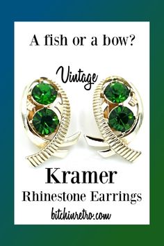 Kramer vintage earrings with substantial sparkle as each emerald green faceted rhinestone is an impressive 8 mm. The gold tone setting features both high polished and textured areas and the overall design to us is in the shape of a mod fish - which has awesome symbolism, though others have seen this as a bow. Whichever way you see it, these earrings evoke vintage charm.

Available for Sale at BitchinRetro.com Christian Symbolism, Mint Tone, Vintage Rhinestone Earrings, Green Fish, Vintage Clip Earrings, Christian Symbols