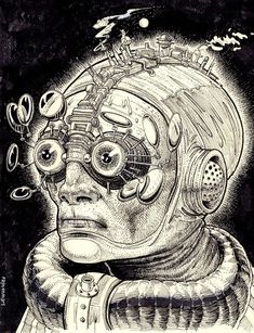 a black and white drawing of a man with headphones in his ears, wearing a space suit