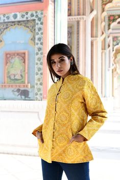 "Mustard Bandhani Printed quilted Jackets Wedding Party designer coat FREE DHL SHIPPING Wedding Jacket, Party Wear, Bandhej Reinterpreting Sustainable Fashion Clothes of India. Traditional & Contemporary Sustainable Fashion Jackets. *Fit Type: Regular Fit *Handmade, 100% Cotton Printed Quilted design Jacket, *Button closure, 2 Pockets (only Front Side), Soft on the skin *Idea for winters, Light Winters, and Light summers and Gymwear, Breathable and lightweight cotton fabric *Type of Sleeves: Ful Designer Long Sleeve Yellow Sherwani, Festive Long Sleeve Chikankari Bandhgala, Festive Long Sleeve Bandhgala With Chikankari Embroidery, Festive Fitted Outerwear With Chikankari Embroidery, Festive Long Sleeve Outerwear With Cutdana, Spring Long Sleeve Nehru Jacket With Cutdana, Yellow Long Sleeve Bandhgala With Resham Embroidery, Yellow Bandhgala With Resham Embroidery Long Sleeve, Yellow Sherwani With Resham Embroidery