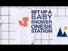 two baby onesuits are hanging up on a rack with the words set up a baby shower, onesie station