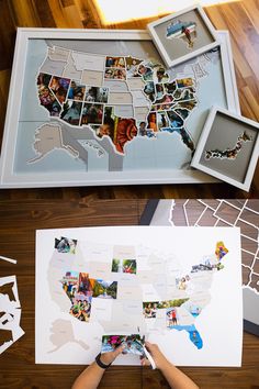 someone is making a map of the united states with pictures and magnets on it