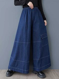 High Waisted Loose Elasticity Pockets Culotte Jean Pants Bottoms