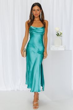 Sorority Formal Dresses, Poorly Dressed, Lychee Martini, Sorority Formal, Turquoise Dress, Aqua Dress, Satin Midi Dress, Cowl Neckline, Flowy Skirt