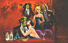 a painting of people dressed as zombies sitting at a table with wine glasses and bottles