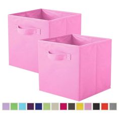 two pink storage bins with handles on each side