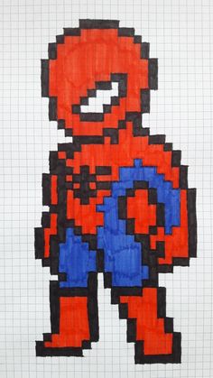 a drawing of an orange and blue spider man in pixellated style on white paper